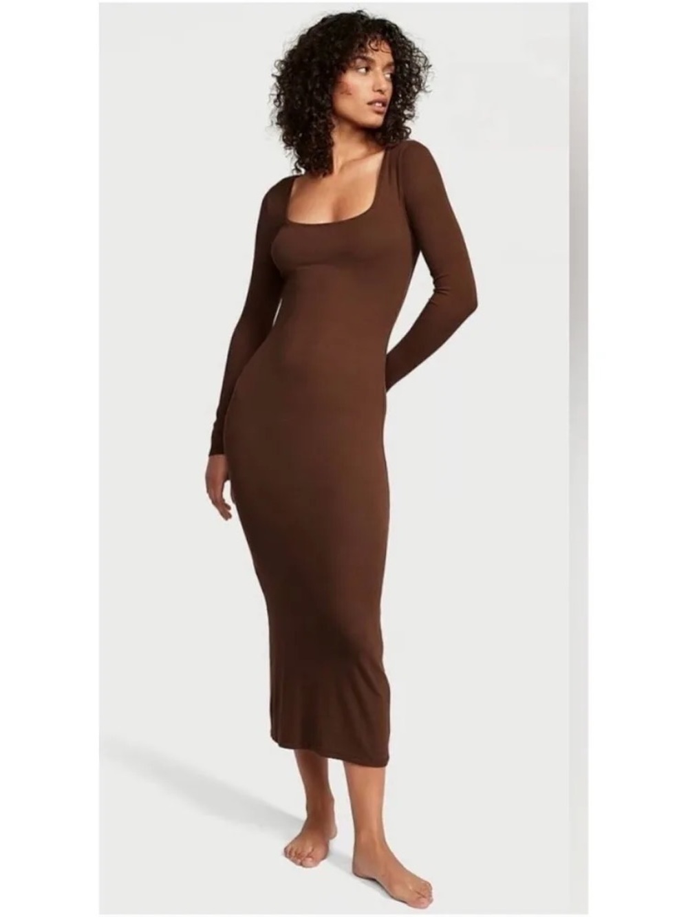 Victoria's Secret Brown Long-Sleeve Scoop Midi Dress